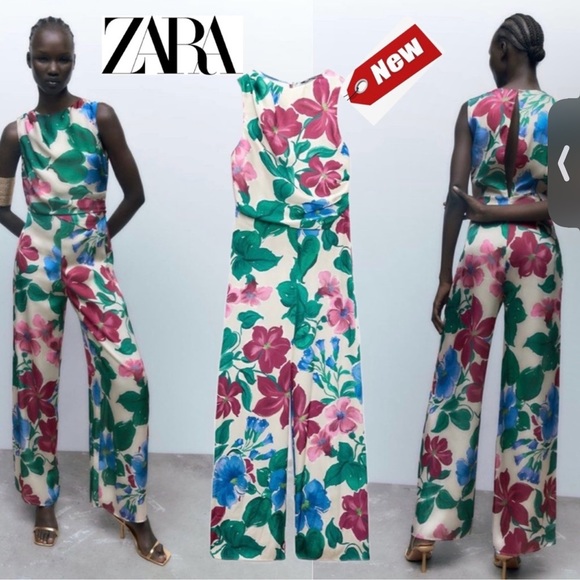 Zara floral flower print satin effect sleeveless jumpsuit Sz XS/M NWT tropical - Picture 4 of 8